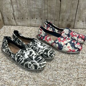 Toms Women Sz W10 Black/White/Gray Abstract Slip Ons w/free bonus Hawaiian Pair